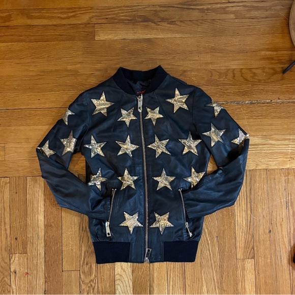 Leather Bomber Jacket with Gold Star Pattern - Picture 2 of 7